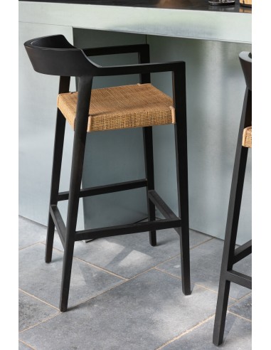 Tabouret de bar "Salangan" en teck/rotin noir français